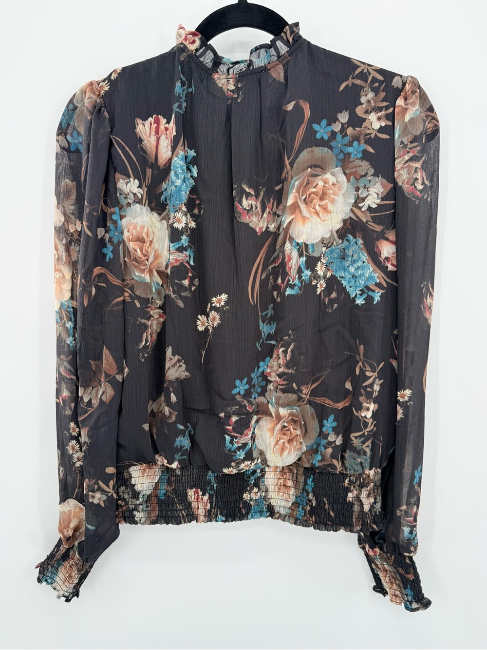 Tamara H Black Floral Sheer Smocked Ruffle Button Blouse L Cottagecore‎ Feminine - Picture 3 of 9